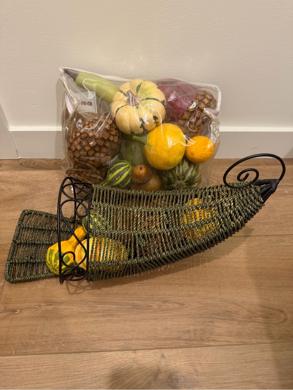Woven Metal Cornucopia Centerpiece - Green and Black